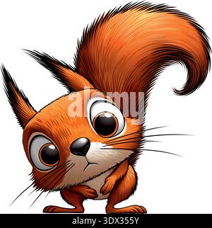 Cute cartoon vector illustration of a red squirrel with a large fluffy tail and big eyes, isolated on white background. Stock Vector