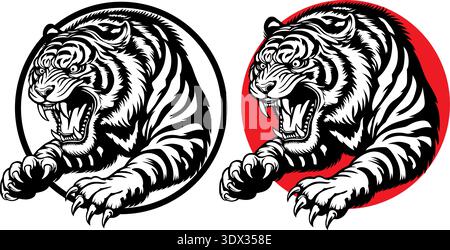 Aggressive tiger mascot vector illustration in two versions, black and white and red circle background, isolated on white. Stock Vector