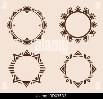 A detailed set of four ethnic-inspired circular and sun-shaped borders featuring intricate geometric patterns. Stock Vector