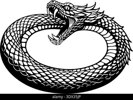 Black and white vector illustration of Ouroboros, a snake eating its own tail, forming a circular symbol of eternity and rebirth, isolated on white ba Stock Vector