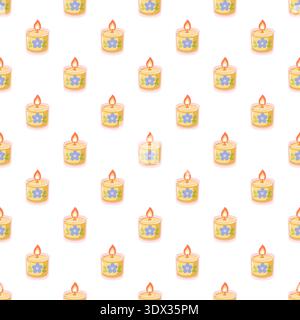 Seamless pattern with decorative candles with flame on white background. Vector cozy seasonal background.  Stock Vector