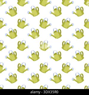 Seamless spring gardening pattern with green watering can on white background. Vector cozy seasonal print. Stock Vector