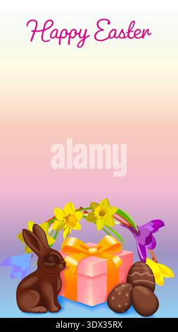 Happy Easter vertical vector illustration with a chocolate rabbit, gift box, patterned eggs and spring crocus flowers and copy space for text. Stock Vector