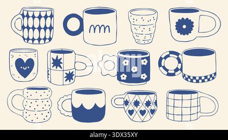 Hand drawn ceramic mug collection in blue line style. Cute mediterranean patterned cups set for cafe branding, kitchen decor, menu design, packaging Stock Vector