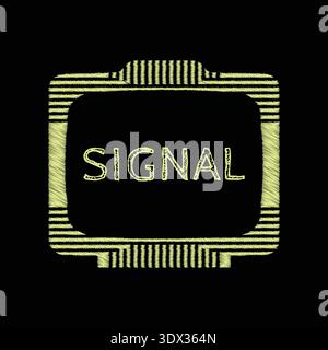 Dark screen like emblem with signal text centered inside a glowing striped frame Stock Vector