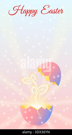 Easter vertical vector illustration featuring he concept of rebirth, with a glowing sprout growing from a cracked eggshell and copy space for text. Stock Vector