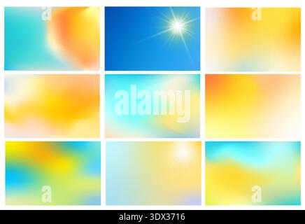A vibrant abstract gradient banner set. Blurred backgrounds with sky and sun flares and bright, fresh colors. Includes shades of blue, yellow, and bei Stock Vector