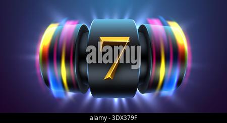 Dynamic Golden Seven on a Blurry Neon Reel Background. Ideal for gambling, jackpot, or success concepts. Vector illustration. Stock Vector