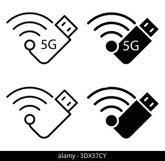 Set of four 5G wireless technology icons depicting USB modems with signal waves. Ideal for representing modern connectivity and telecommunications sol Stock Vector