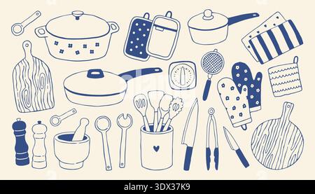 Hand drawn cooking utensils and kitchen tools in minimalist blue outline style. Home cooking vector set with pots, pans, knives and accessories for Stock Vector