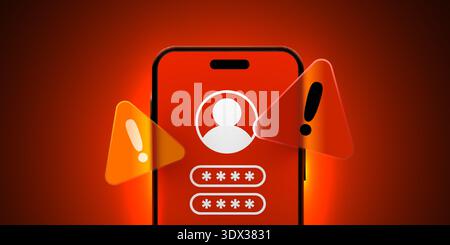 Mobile login failure with warning signs on a smartphone screen, symbolizing a data security risk or incorrect credentials. Vector illustration. Stock Vector