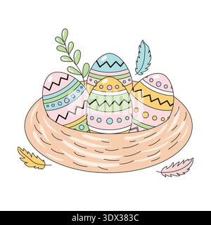 Decorated pastel Easter eggs in a cozy nest with feathers vector Stock Vector