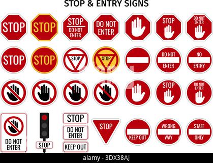 Regulatory Stop and Entry signage collection on transparent background Stock Vector