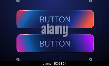 Futuristic glow button set for UIUX design. Vibrant neon gradient elements with glassmorphism effect on dark background. Vector illustration Stock Vector