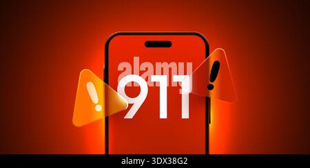 Emergency call 911 on a modern smartphone screen. Alert with warning signs indicates a critical situation. Vector illustration Stock Vector