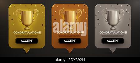 Three realistic 3D trophy badges with congratulations message for success and achievement. Vector illustration. Stock Vector