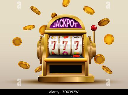 Golden slot machine with jackpot and falling coins, showing lucky triple seven. Vector illustration. Stock Vector