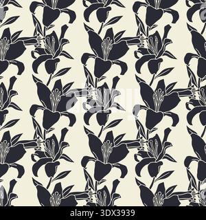 Hand drawn black and white silhouette lily flowers vintage seamless pattern. Boho floral monochrome repeat wallpaper Stock Vector