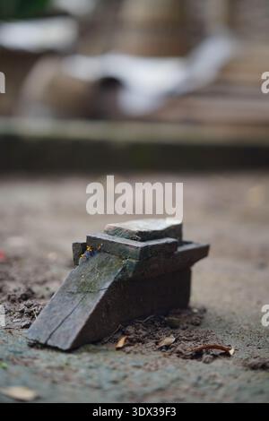 Close-up shot of a high-quality, dual-grit whetstone (fine and coarse) on a wooden table, used for sharpening kitchen knives, chisels, or gardening to Stock Photo