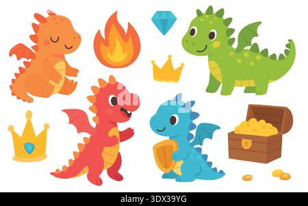 Cute cartoon dragon set with crown, treasure chest and fire flame, magical fantasy clipart for birthday themes and storybook projects Stock Vector