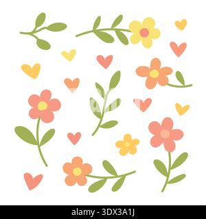Pastel floral and heart elements with leaves and blossoms, romantic spring graphics for wedding invitations, fabric patterns and wall art Stock Vector