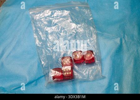 Five red dice in a clear plastic bag on blue background Stock Photo