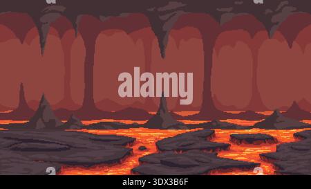 Pixel art lava cave landscape background Stock Vector