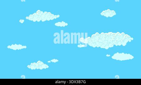 Pixel cloud set. Drifting clouds across blue sky. 8-bit sky, retro style cloudy scene. Stock Vector