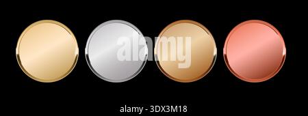 Gold and silver metal circles frames set, Shining metallic 3d circles: gold, silver, bronze, rose gold medals, Sparkling metal rings medals, precious Stock Vector