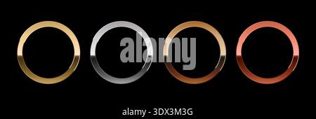 WGold and silver metal circles frames set, Shining metallic 3d circles: gold, silver, bronze, rose gold frames, Sparkling metal rings medals, precious Stock Vector
