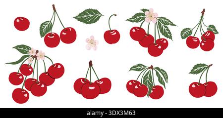 Stylized flat vector illustration set of cherries Stock Vector