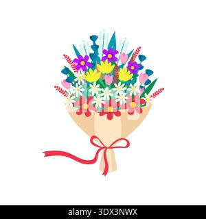 Bouquet of various flowers wrapped in kraft cardboard packaging, Spring flowers tulips and lilies of the valley in beige paper with a red bow, Plants Stock Vector