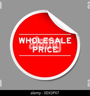 Red color peel sticker label with word wholesale price on gray background Stock Vector