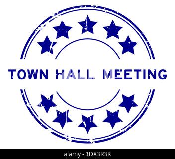 Grunge blue town hall meeting word with star icon round rubber seal stamp on white background Stock Vector