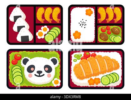 Traditional Japanese bento box lunch with rice, tempura proteins, vegetables. Different set of four, vector illustration. Stock Vector