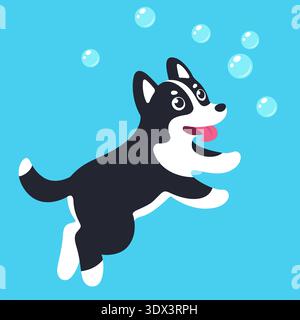 Funny cartoon dog jumping after soap bubbles. Cute simple black and white dog vector illustration. Stock Vector