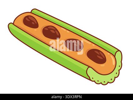 Ants on a log, celery stick with peanut butter and raisins. Traditional American healthy snack cartoon drawing. Isolated vector illustration. Stock Vector