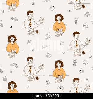 Recruitment Seamless Pattern. Business People Man and Woman with Documents on Light Background with Outline Office Icons. Doodle hand-drawn. Vector Sq Stock Vector