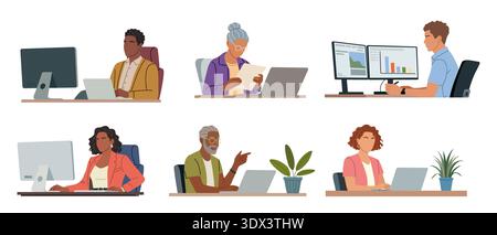 Set of diverse business people seated at desks Stock Vector