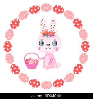 Cute Easter vector bunny with basket with eggs and round wreath with pink and red painted eggs and flowers, Circle frame for Easter egg hunt designs Stock Vector
