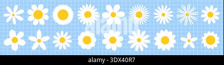 Simple white daisy vector graphic shapes, geometric flower elements for greeting cards and spring designs Stock Vector