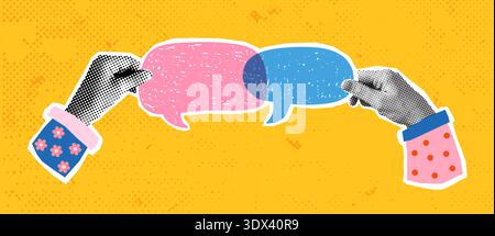 Halftone vector hands holding overlapping speech bubbles, Creative communication, conversation or teamwork business concept Stock Vector