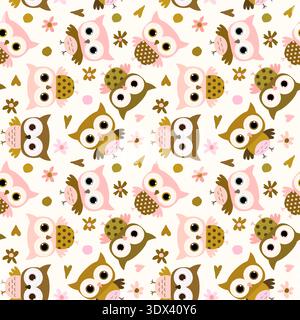 Cute pink, gold brown owls vector seamless pattern in simple flat style for designs for kids and babies Stock Vector