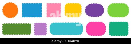 Colorful vector round, square and rectangular shapes with scalloped wavy zigzag edges, Cute graphic design elements for labels, gift and sale tags Stock Vector