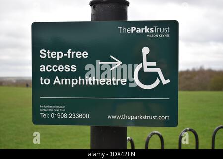 Sign in Campbell Park indicating an accessible route: "Step-free access to Amphitheatre". Stock Photo