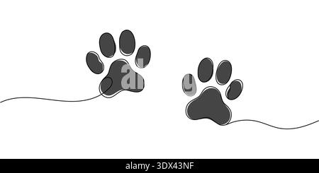 Paw prints. Hand drawn background footprint pet, dog or cat. Continuous line animal. Paw drawn in one continuous line. One line drawing. Editable stro Stock Vector