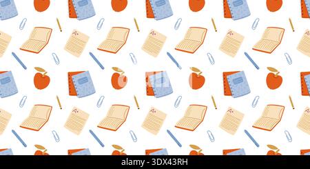 School accessories seamless pattern. Doodle vector illustration with pens, notebooks, apple for school supply brandin Stock Vector