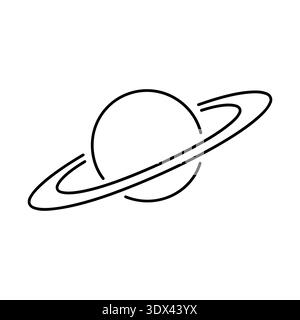 A whimsical vector illustration of a simplified Saturn-like planet with bold outlines, featuring two small moons and prominent rings, perfect for chil Stock Vector