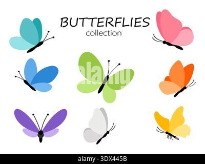 A collection of Butterflies in flight in a variety of poses and positions Stock Vector