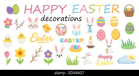 Happy Easter decorations set, cute spring holiday elements, eggs, bunny, flowers and lettering flat vector illustration. Stock Vector